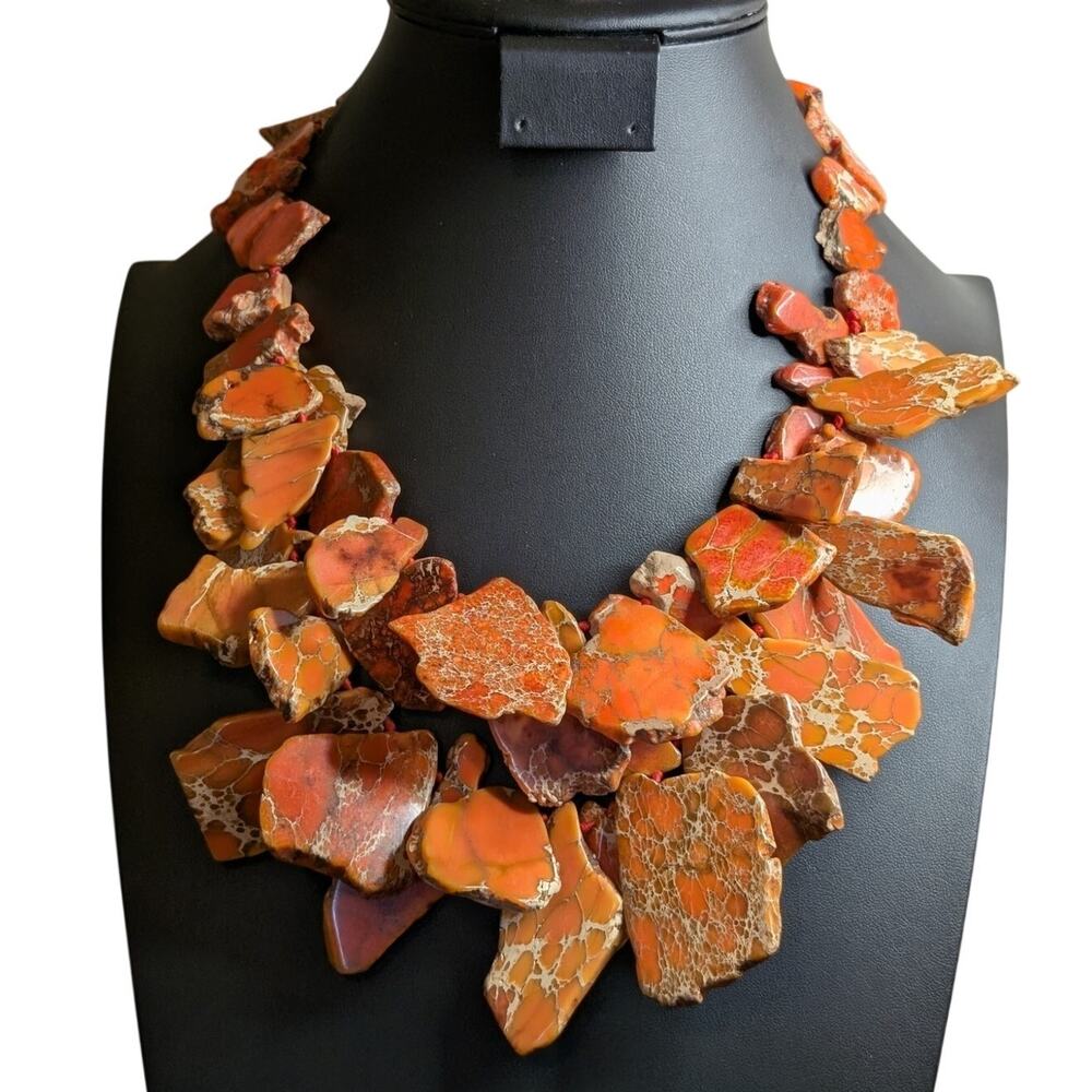 Marked LUC 925 Sterling Silver Faux Orange Stone Statement Necklace 20.75"